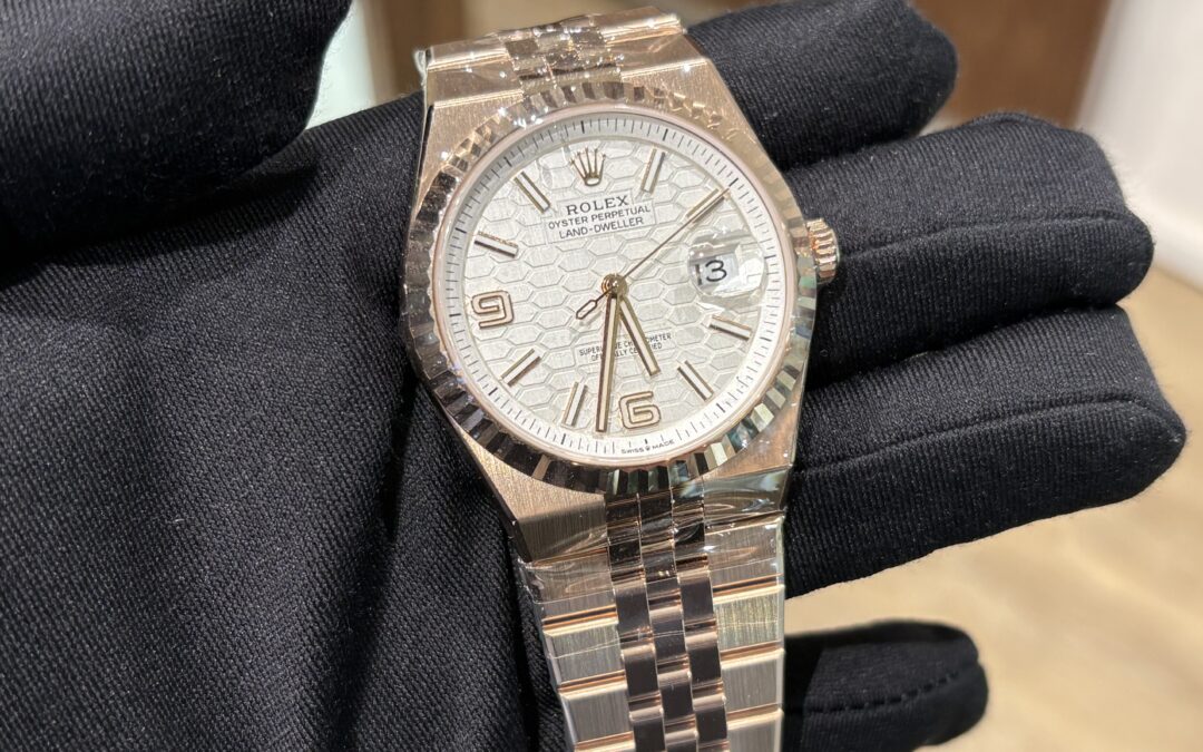 Brand New Full Rose Gold Rolex APR 2026 Land Dweller 127335 White Honeycomb Motif Dial 41mm 
